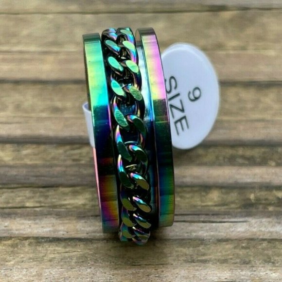 Multi Color Ring Fashion Unisex Ring Chain Style Men Women Rings Size 9 - Picture 10 of 10